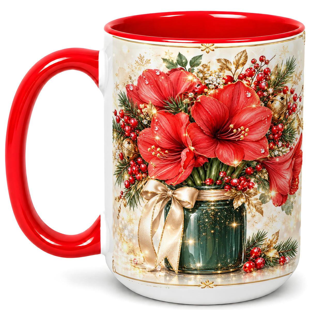 #pl[15oz|Red] Christmas Amaryllis Coffee Mug, Red Floral Mug, Ceramic Cup