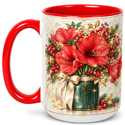 #pl[15oz|Red] Christmas Amaryllis Coffee Mug, Red Floral Mug, Ceramic Cup
