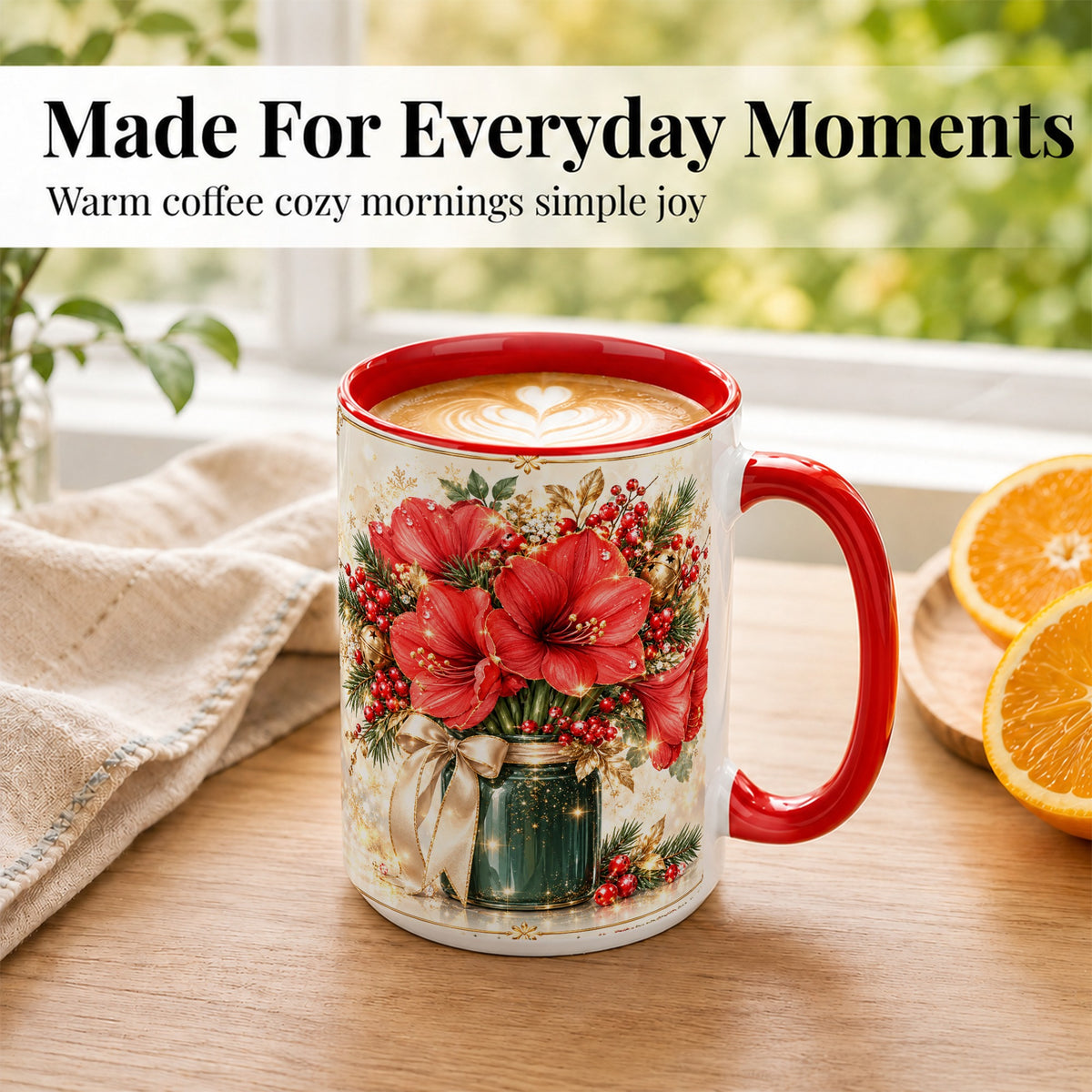 #pl[15oz|Red] Christmas Amaryllis Coffee Mug, Red Floral Mug, Ceramic Cup