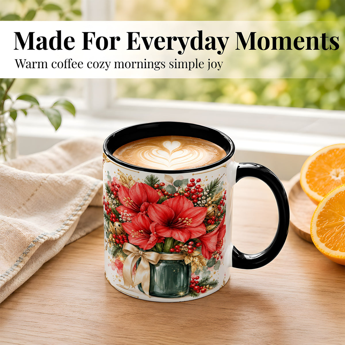 #pl[11oz|Black] Red Amaryllis Coffee Mug, Christmas Watercolor Mug, Ceramic Cup