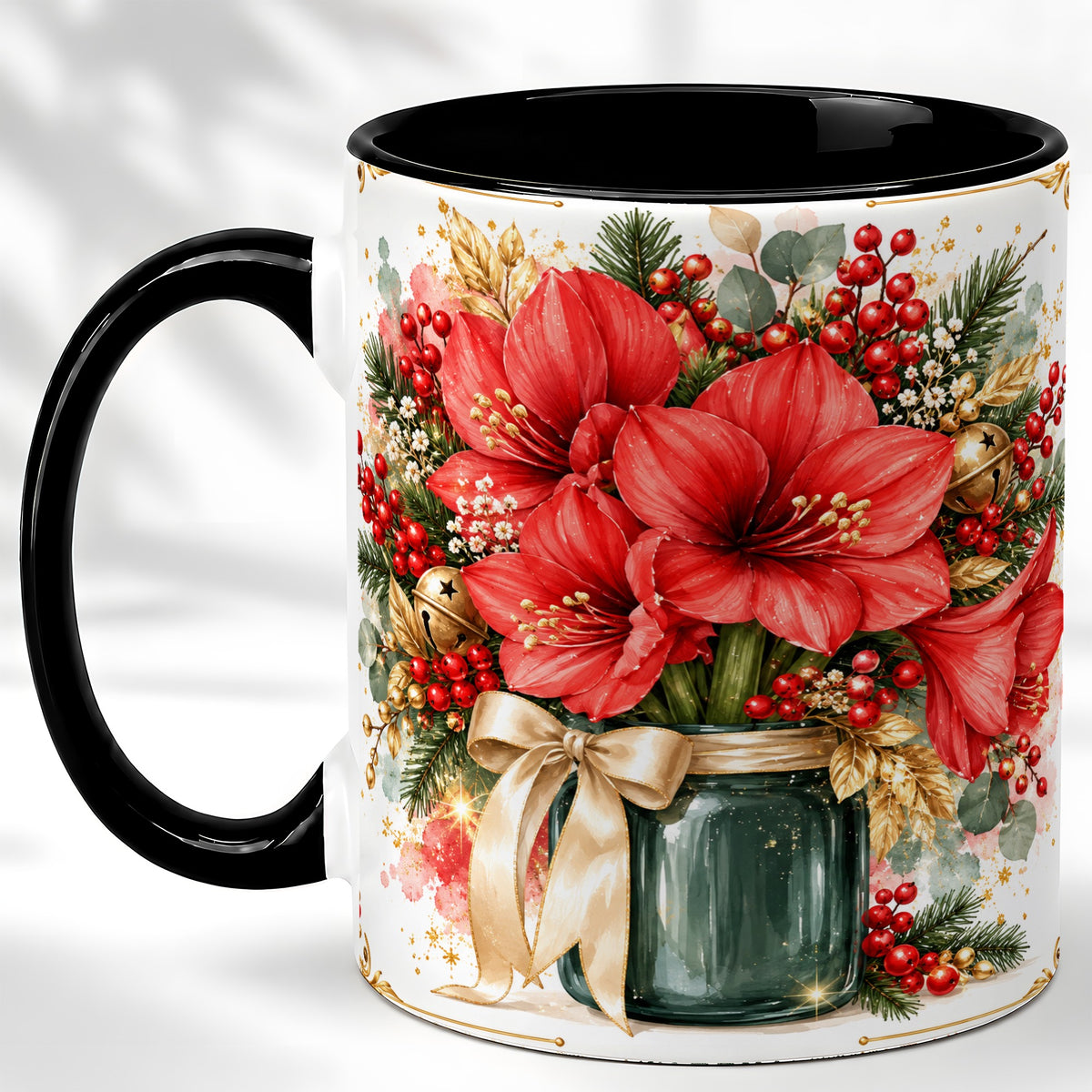 #pl[11oz|Black] Red Amaryllis Coffee Mug, Christmas Watercolor Mug, Ceramic Cup