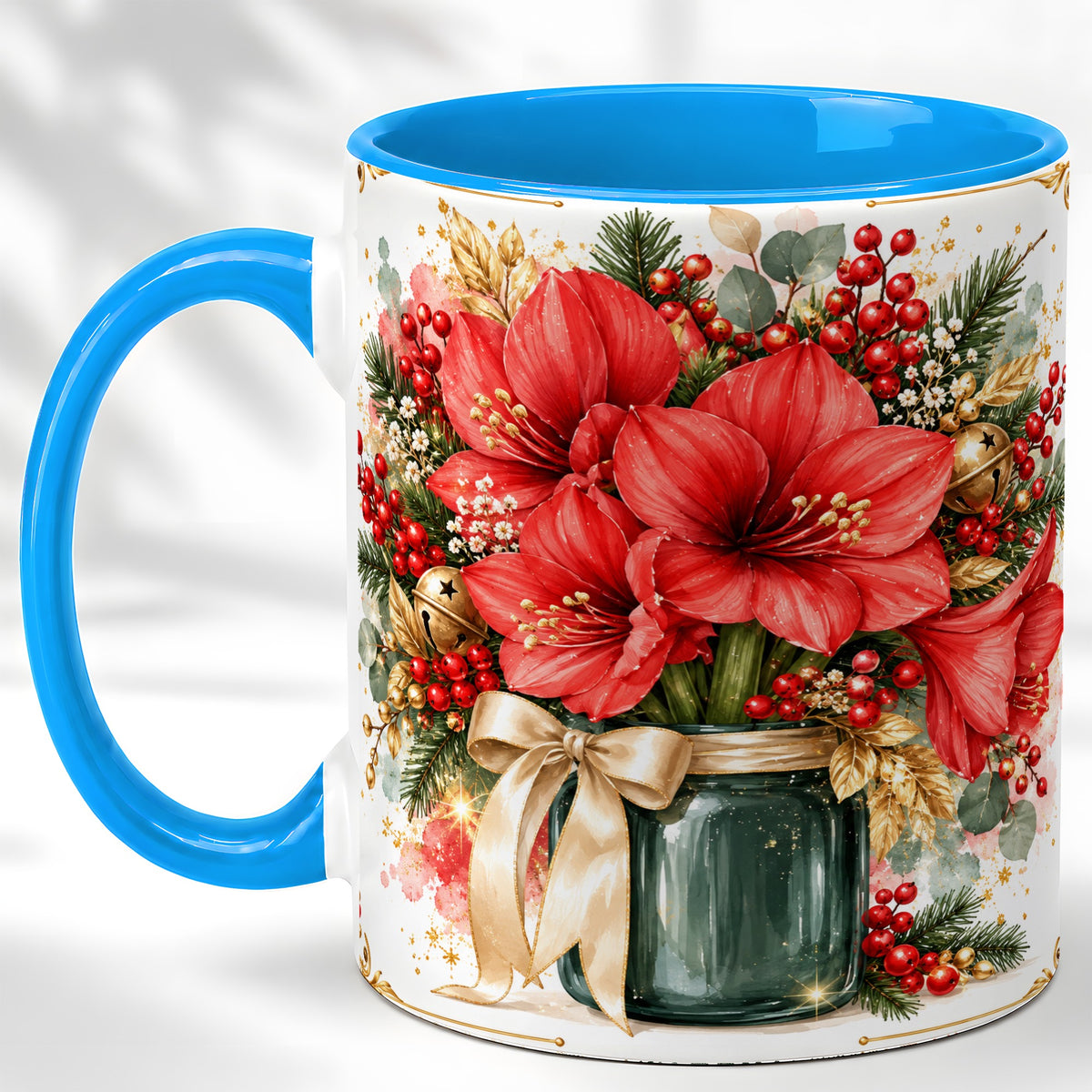 #pl[11oz|Blue] Red Amaryllis Coffee Mug, Christmas Watercolor Mug, Ceramic Cup