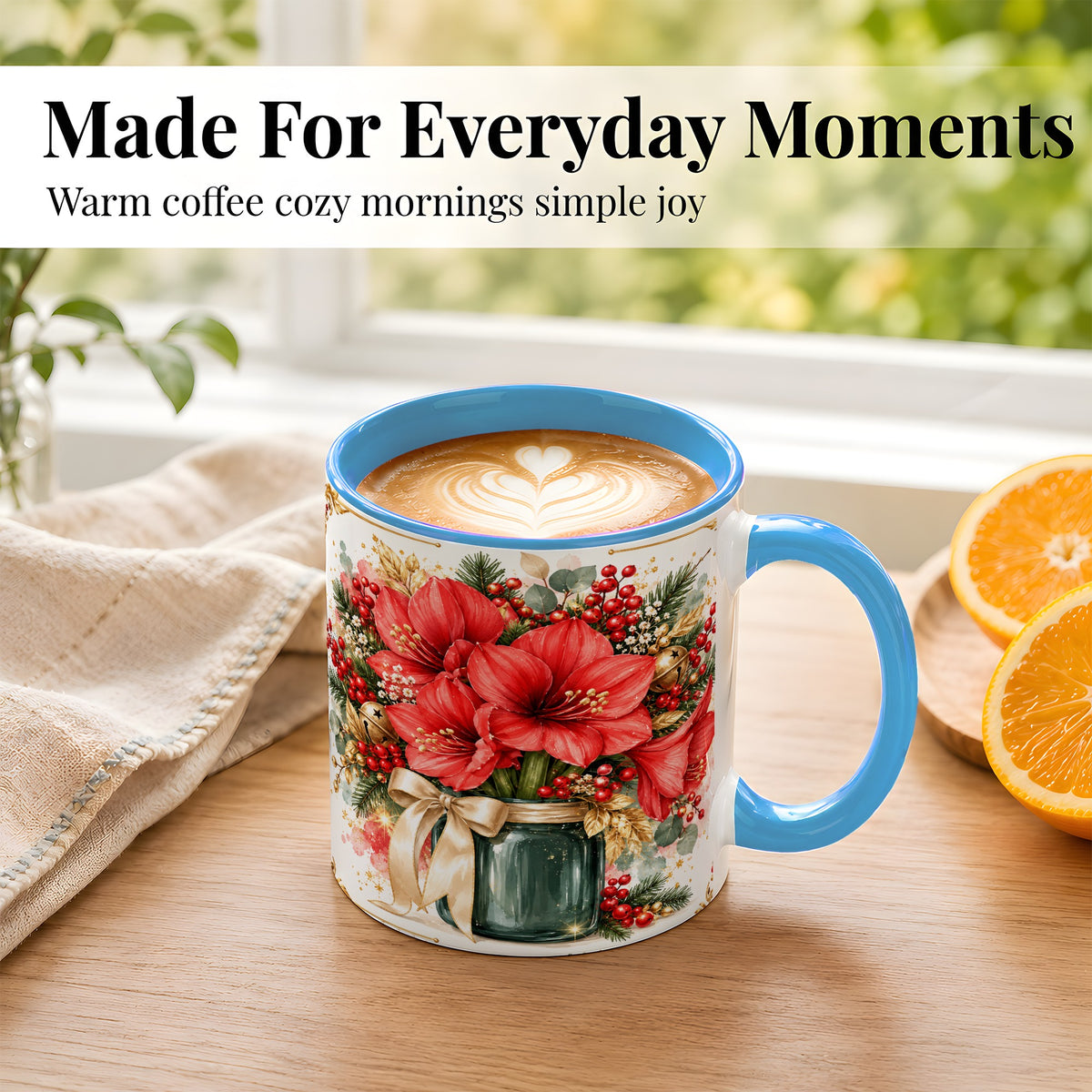 #pl[11oz|Blue] Red Amaryllis Coffee Mug, Christmas Watercolor Mug, Ceramic Cup