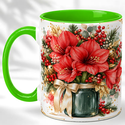 #pl[11oz|Green] Red Amaryllis Coffee Mug, Christmas Watercolor Mug, Ceramic Cup