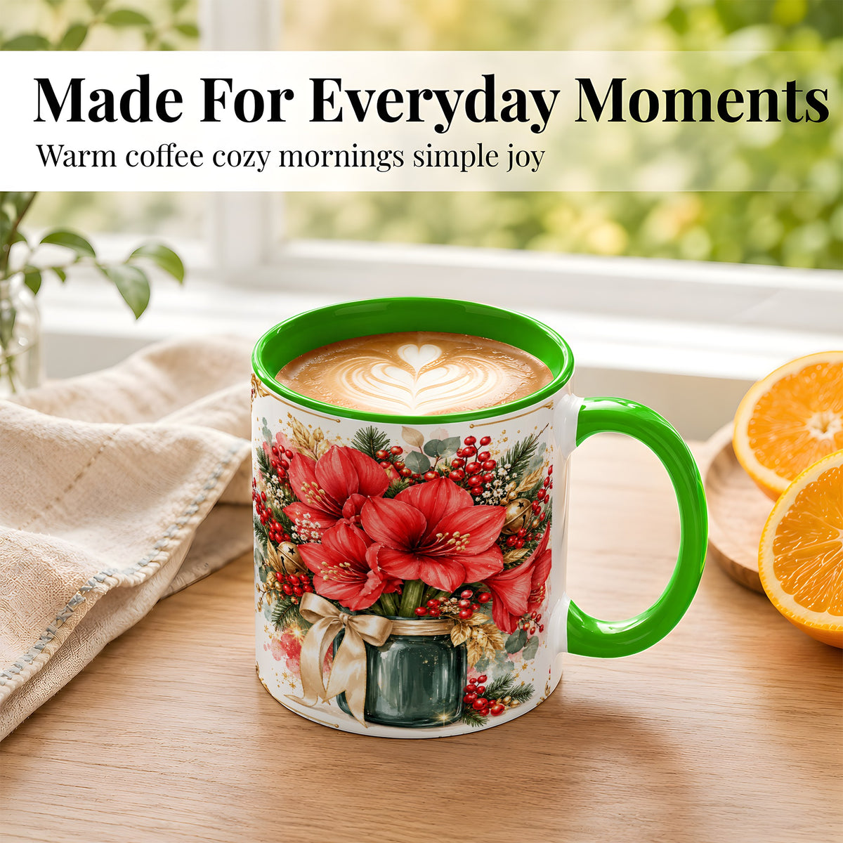 #pl[11oz|Green] Red Amaryllis Coffee Mug, Christmas Watercolor Mug, Ceramic Cup