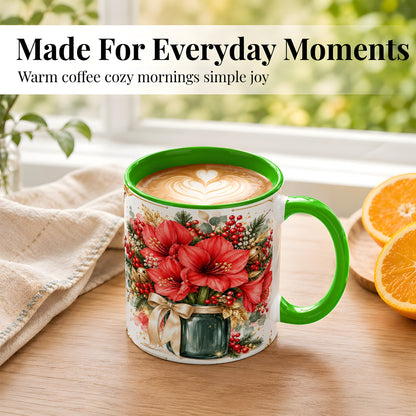 #pl[11oz|Green] Red Amaryllis Coffee Mug, Christmas Watercolor Mug, Ceramic Cup