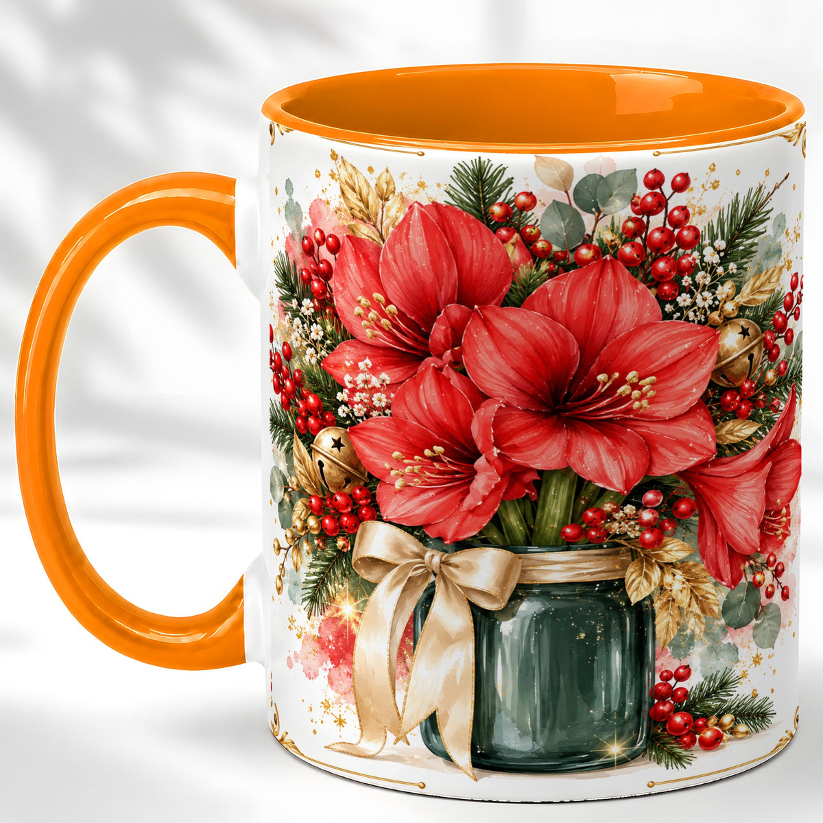 #pl[11oz|Orange] Red Amaryllis Coffee Mug, Christmas Watercolor Mug, Ceramic Cup