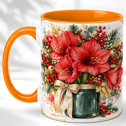 #pl[11oz|Orange] Red Amaryllis Coffee Mug, Christmas Watercolor Mug, Ceramic Cup