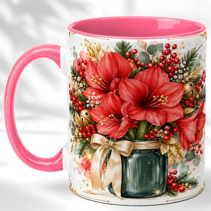 #pl[11oz|Pink] Red Amaryllis Coffee Mug, Christmas Watercolor Mug, Ceramic Cup