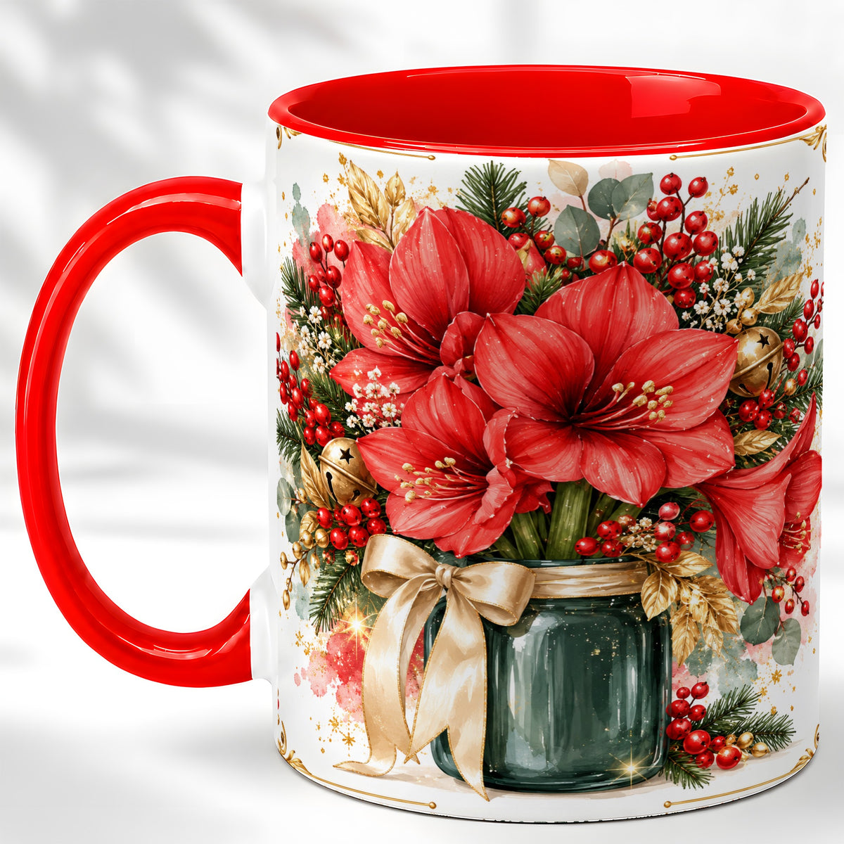 Red Amaryllis Coffee Mug, Christmas Watercolor Mug, Ceramic Cup