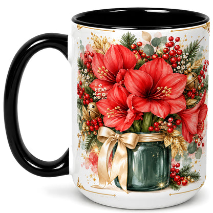 #pl[15oz|Black] Red Amaryllis Coffee Mug, Christmas Watercolor Mug, Ceramic Cup