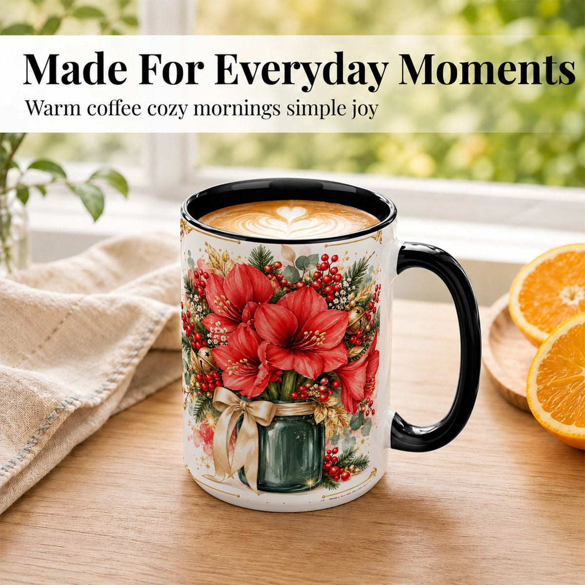 #pl[15oz|Black] Red Amaryllis Coffee Mug, Christmas Watercolor Mug, Ceramic Cup