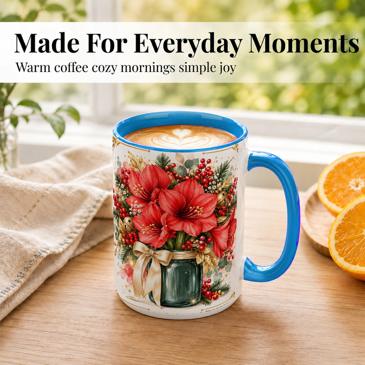 #pl[15oz|Blue] Red Amaryllis Coffee Mug, Christmas Watercolor Mug, Ceramic Cup