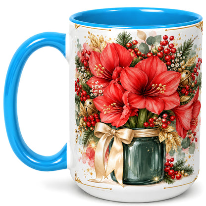 #pl[15oz|Blue] Red Amaryllis Coffee Mug, Christmas Watercolor Mug, Ceramic Cup