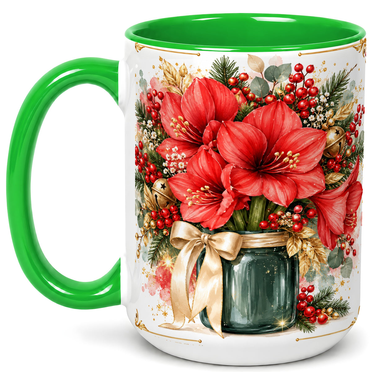 #pl[15oz|Green] Red Amaryllis Coffee Mug, Christmas Watercolor Mug, Ceramic Cup