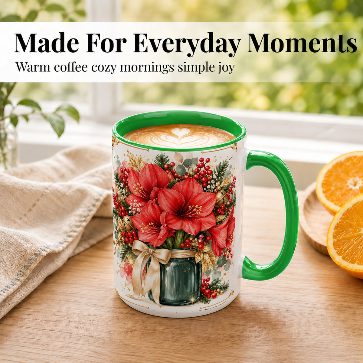 #pl[15oz|Green] Red Amaryllis Coffee Mug, Christmas Watercolor Mug, Ceramic Cup