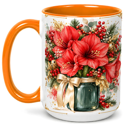 #pl[15oz|Orange] Red Amaryllis Coffee Mug, Christmas Watercolor Mug, Ceramic Cup