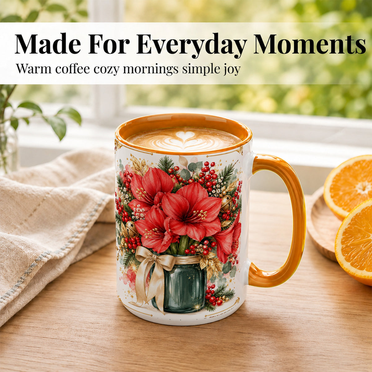 #pl[15oz|Orange] Red Amaryllis Coffee Mug, Christmas Watercolor Mug, Ceramic Cup