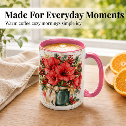 #pl[15oz|Pink] Red Amaryllis Coffee Mug, Christmas Watercolor Mug, Ceramic Cup