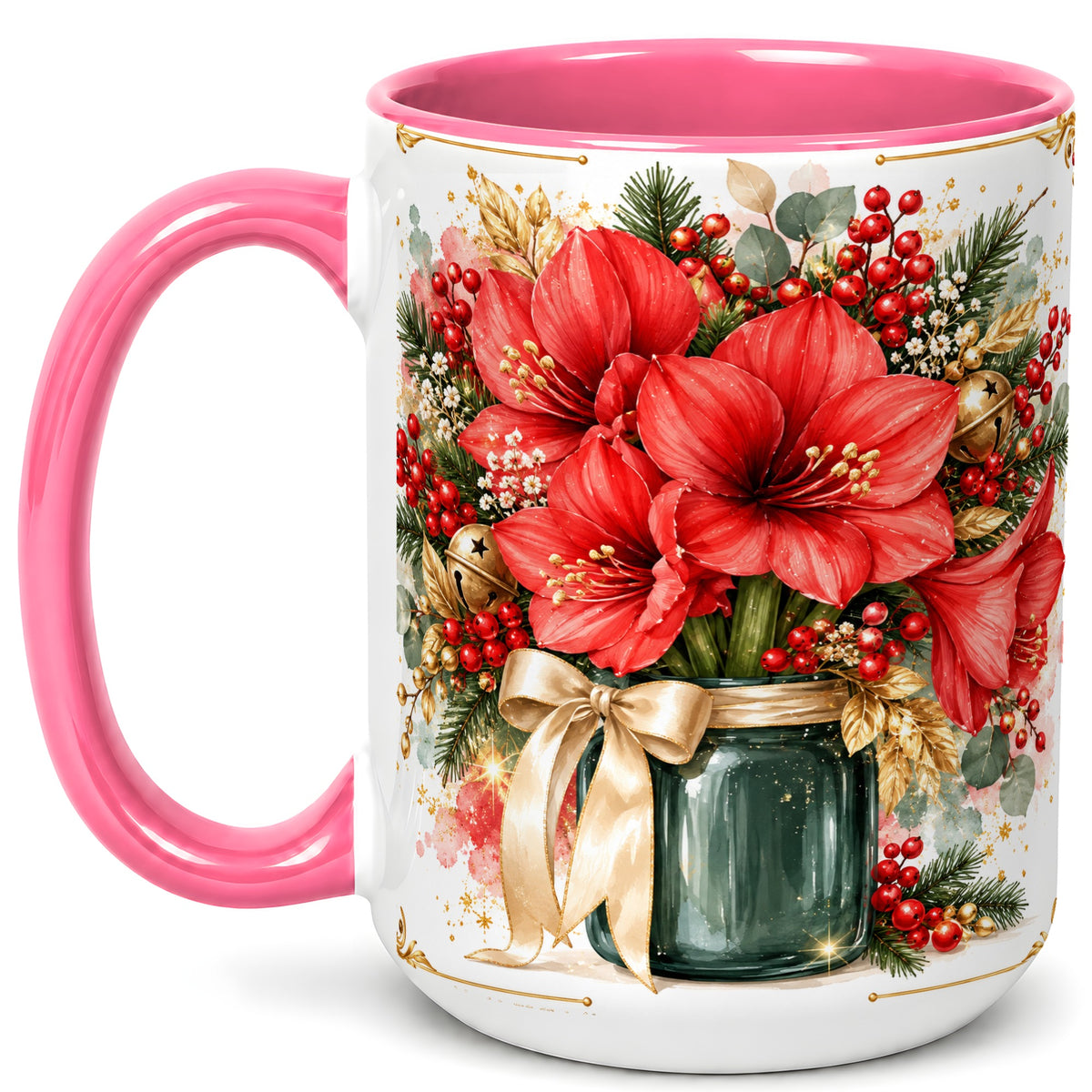 #pl[15oz|Pink] Red Amaryllis Coffee Mug, Christmas Watercolor Mug, Ceramic Cup