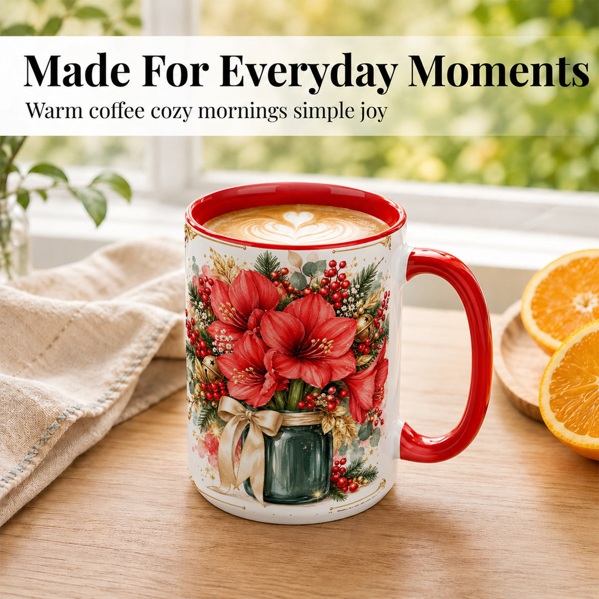 #pl[15oz|Red] Red Amaryllis Coffee Mug, Christmas Watercolor Mug, Ceramic Cup