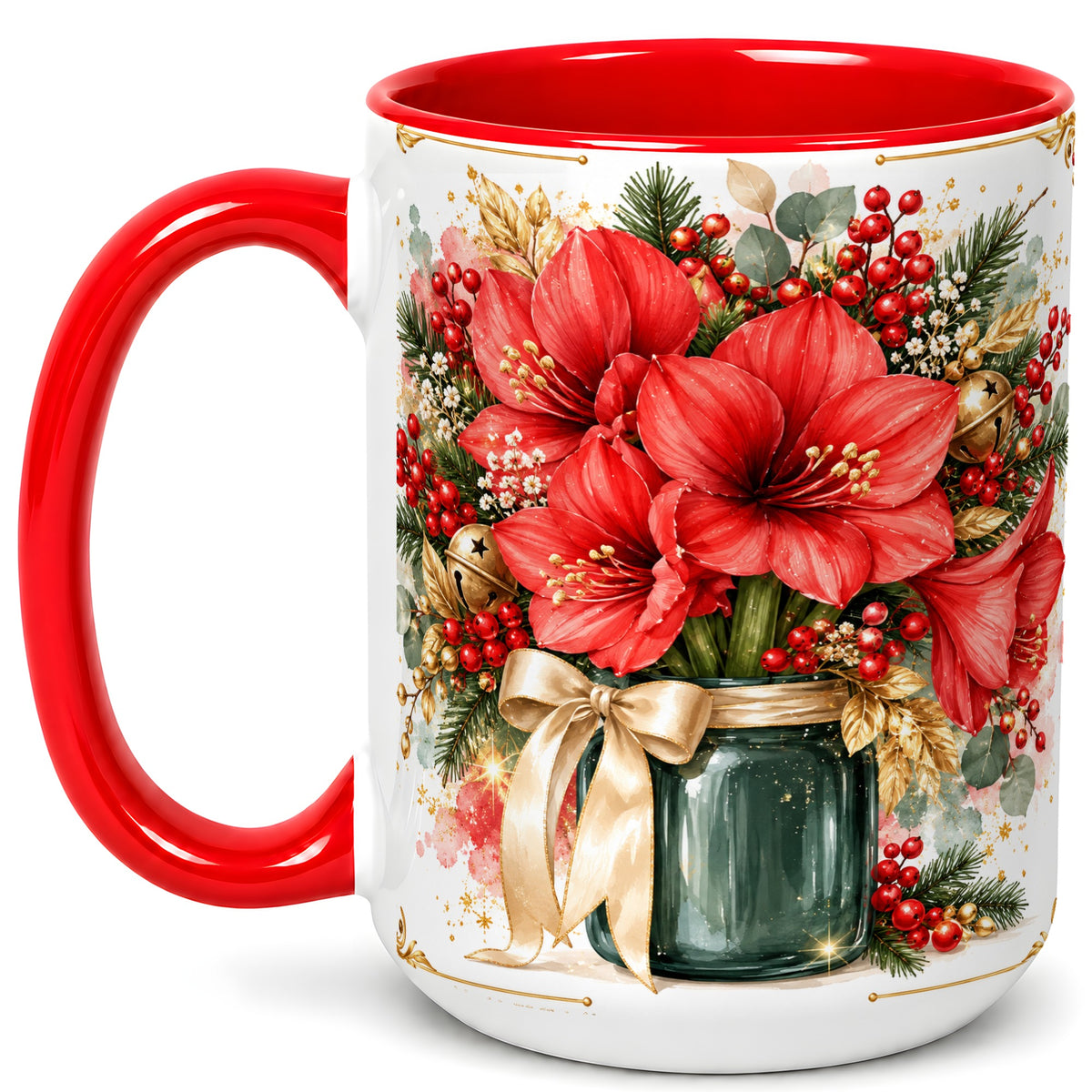 #pl[15oz|Red] Red Amaryllis Coffee Mug, Christmas Watercolor Mug, Ceramic Cup