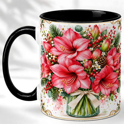 #pl[11oz|Black] Pink Amaryllis Coffee Mug, Christmas Botanical Mug, Ceramic Cup