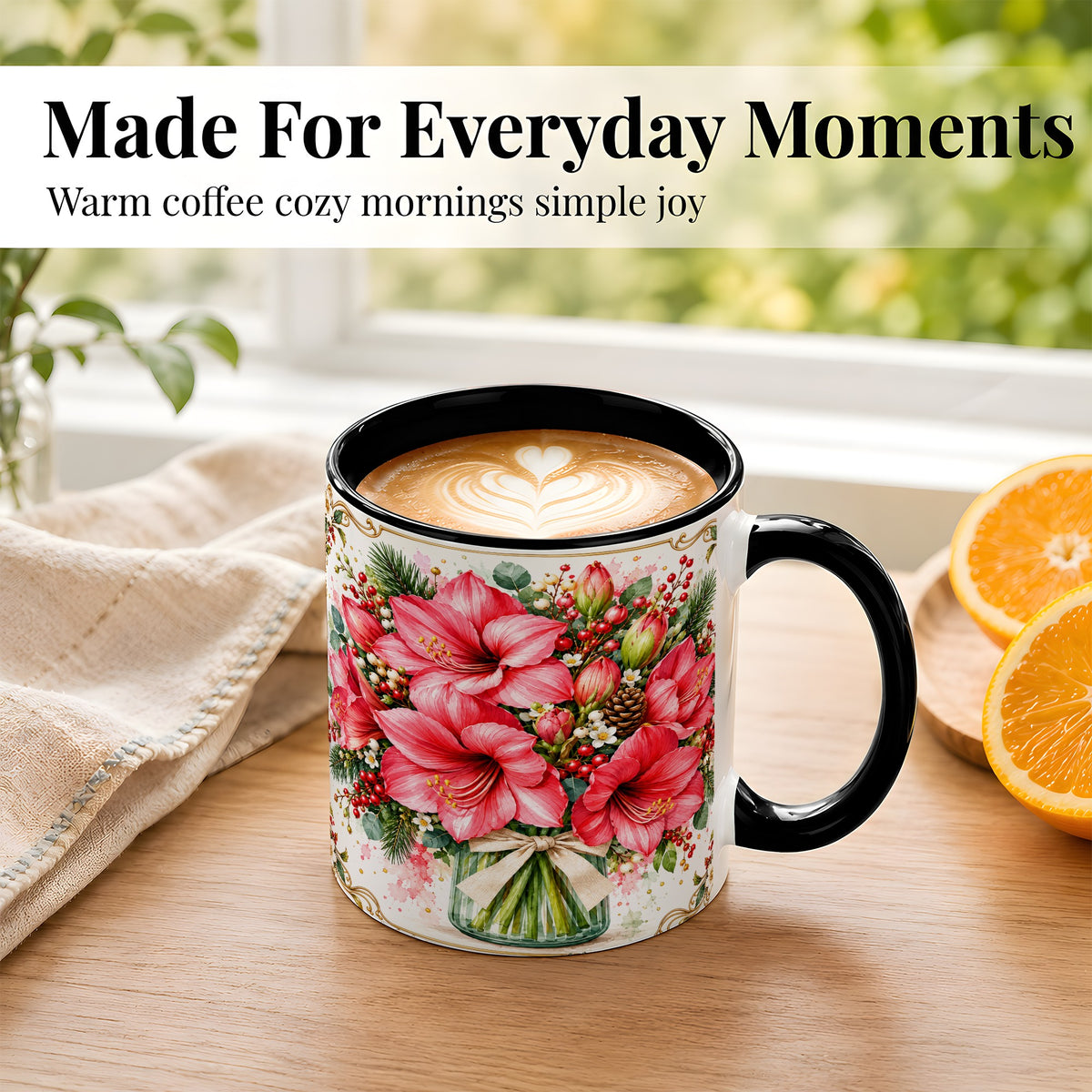#pl[11oz|Black] Pink Amaryllis Coffee Mug, Christmas Botanical Mug, Ceramic Cup