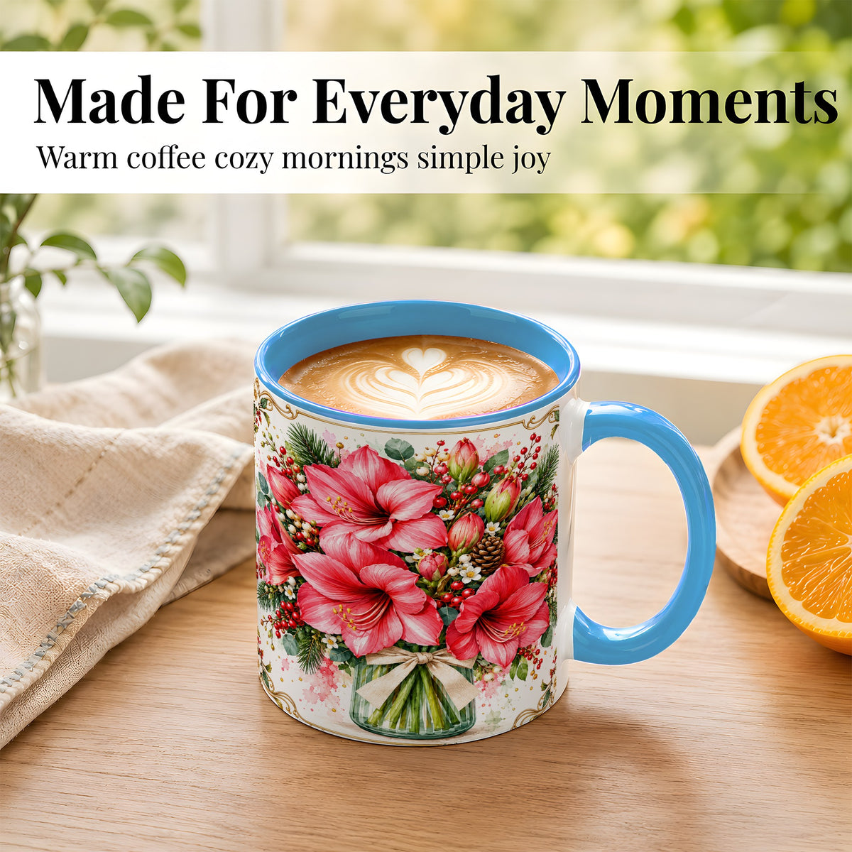 #pl[11oz|Blue] Pink Amaryllis Coffee Mug, Christmas Botanical Mug, Ceramic Cup