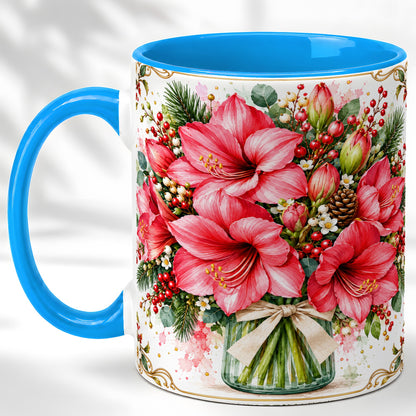 #pl[11oz|Blue] Pink Amaryllis Coffee Mug, Christmas Botanical Mug, Ceramic Cup