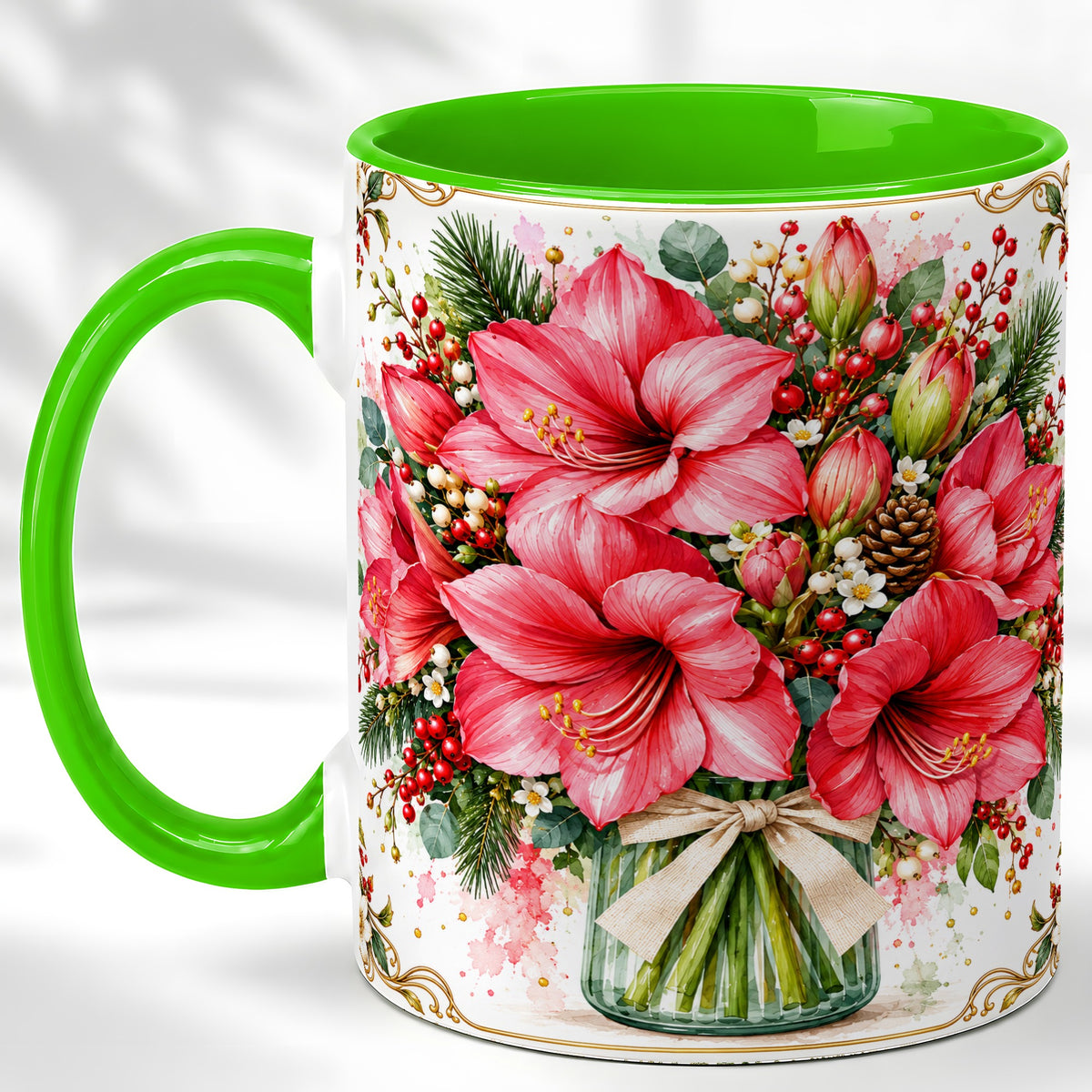 #pl[11oz|Green] Pink Amaryllis Coffee Mug, Christmas Botanical Mug, Ceramic Cup