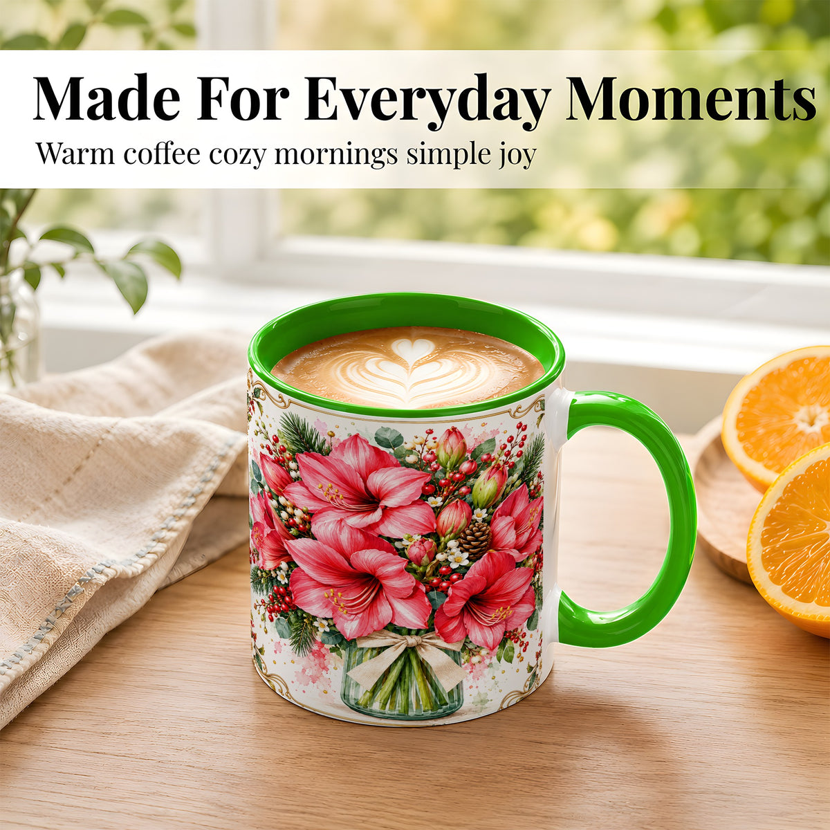 #pl[11oz|Green] Pink Amaryllis Coffee Mug, Christmas Botanical Mug, Ceramic Cup
