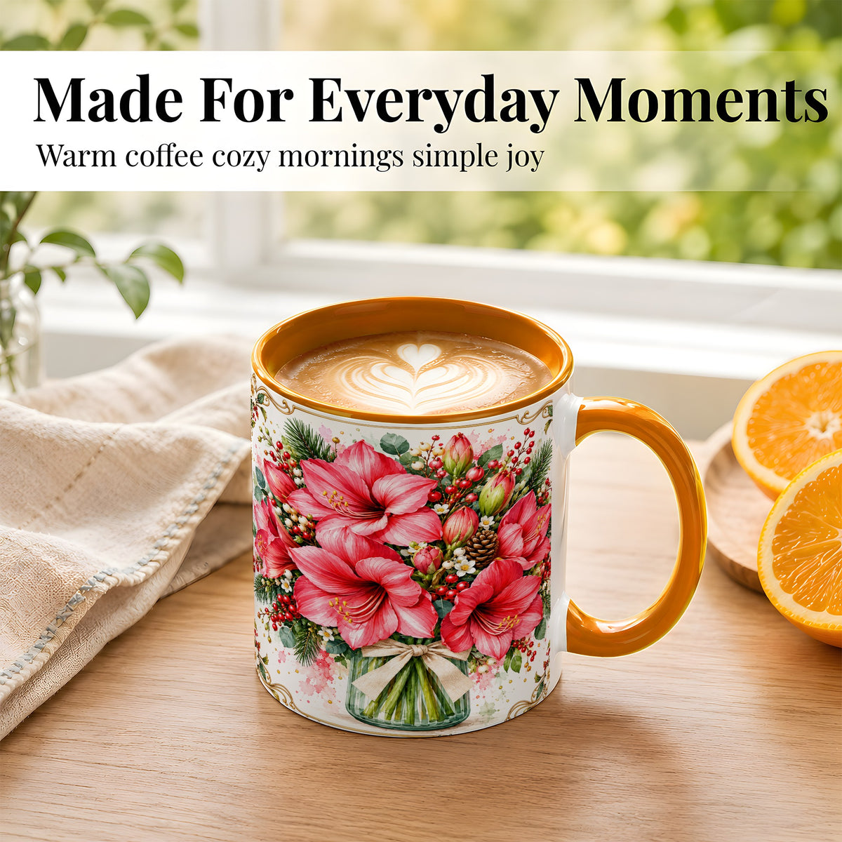 #pl[11oz|Orange] Pink Amaryllis Coffee Mug, Christmas Botanical Mug, Ceramic Cup