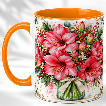 #pl[11oz|Orange] Pink Amaryllis Coffee Mug, Christmas Botanical Mug, Ceramic Cup