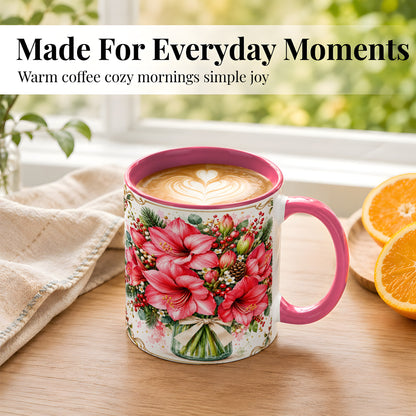 #pl[11oz|Pink] Pink Amaryllis Coffee Mug, Christmas Botanical Mug, Ceramic Cup