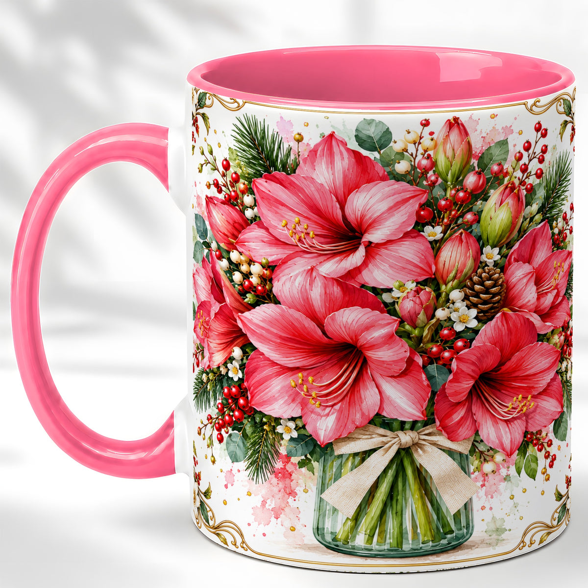 #pl[11oz|Pink] Pink Amaryllis Coffee Mug, Christmas Botanical Mug, Ceramic Cup