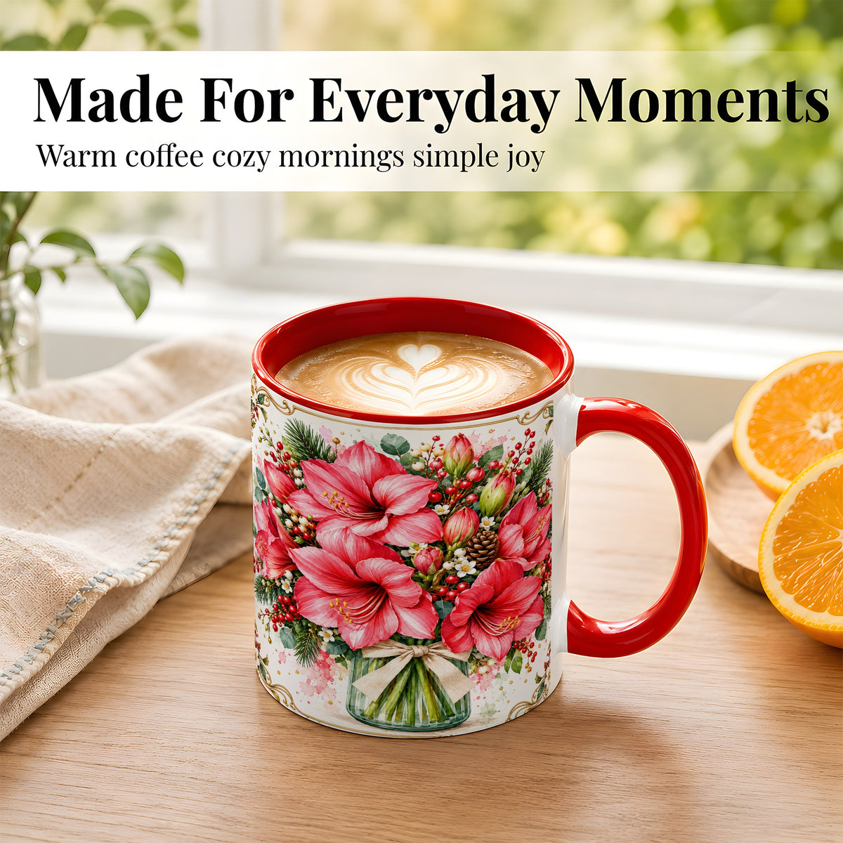 #pl[11oz|Red] Pink Amaryllis Coffee Mug, Christmas Botanical Mug, Ceramic Cup