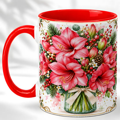 Pink Amaryllis Coffee Mug, Christmas Botanical Mug, Ceramic Cup