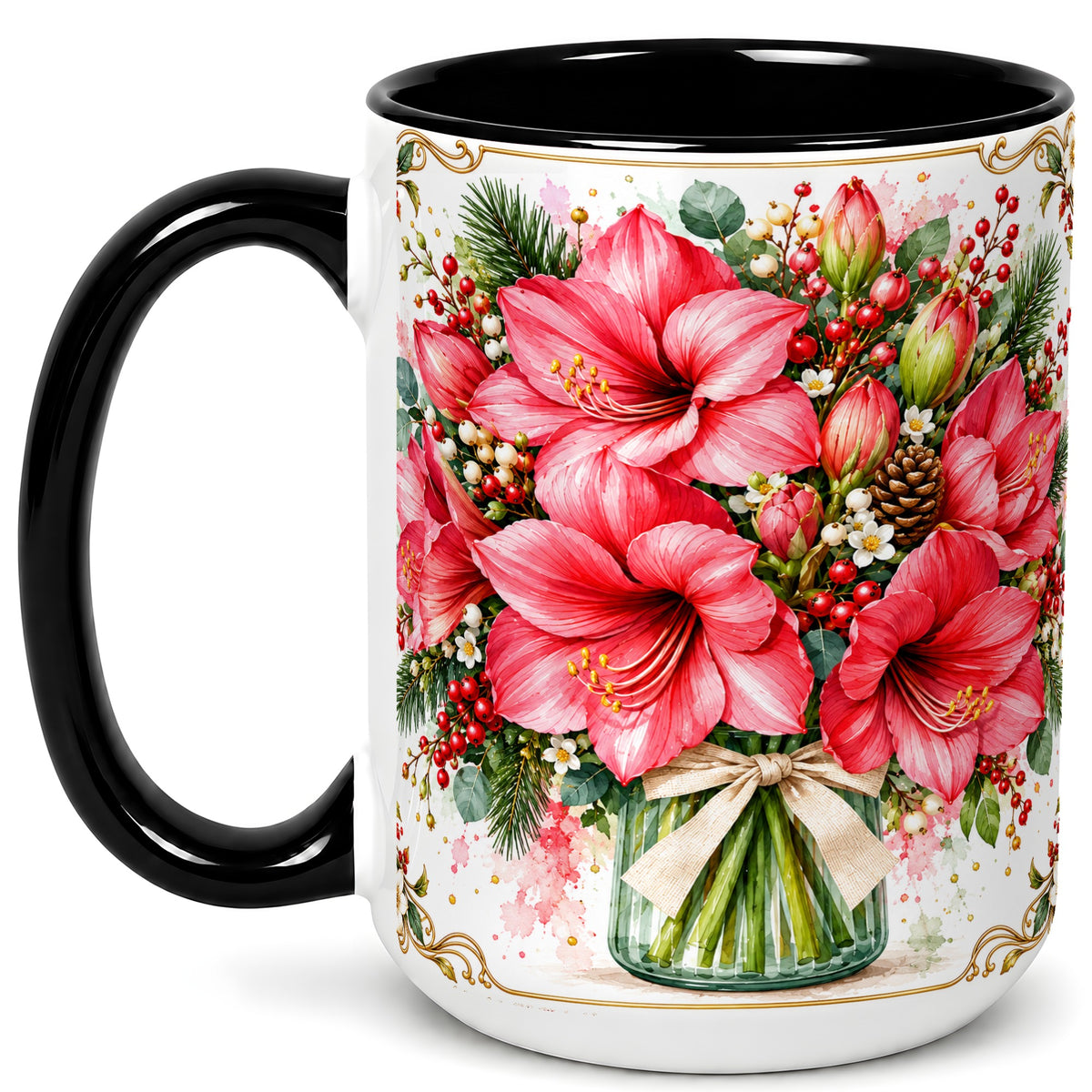 #pl[15oz|Black] Pink Amaryllis Coffee Mug, Christmas Botanical Mug, Ceramic Cup