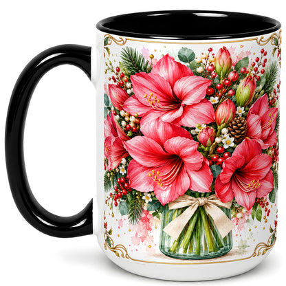#pl[15oz|Black] Pink Amaryllis Coffee Mug, Christmas Botanical Mug, Ceramic Cup