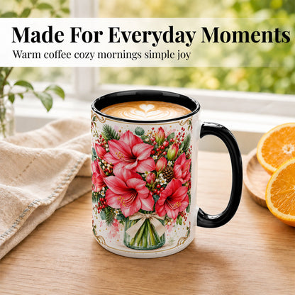 #pl[15oz|Black] Pink Amaryllis Coffee Mug, Christmas Botanical Mug, Ceramic Cup