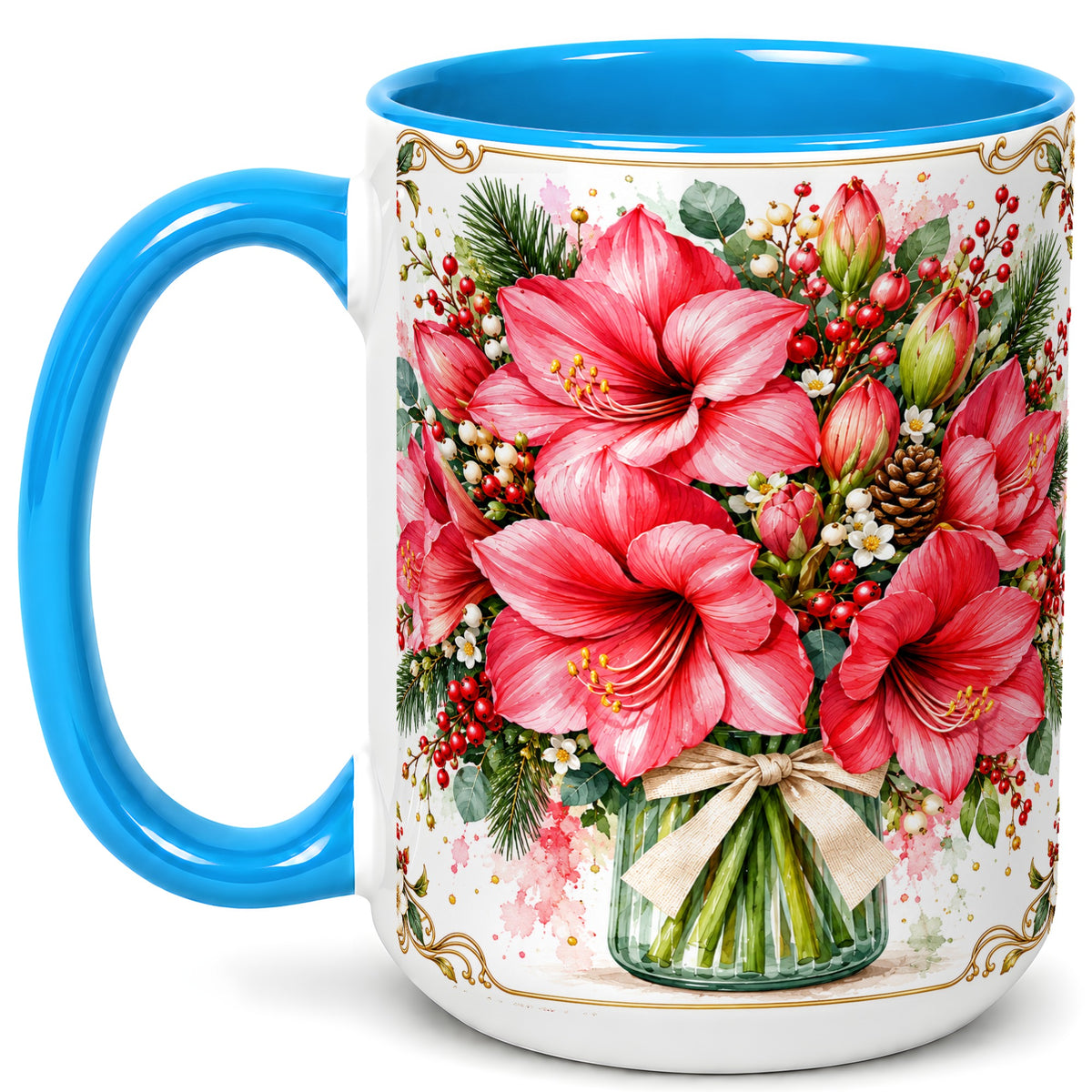 #pl[15oz|Blue] Pink Amaryllis Coffee Mug, Christmas Botanical Mug, Ceramic Cup