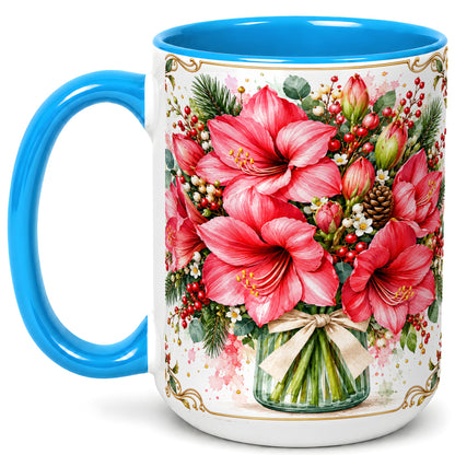 #pl[15oz|Blue] Pink Amaryllis Coffee Mug, Christmas Botanical Mug, Ceramic Cup