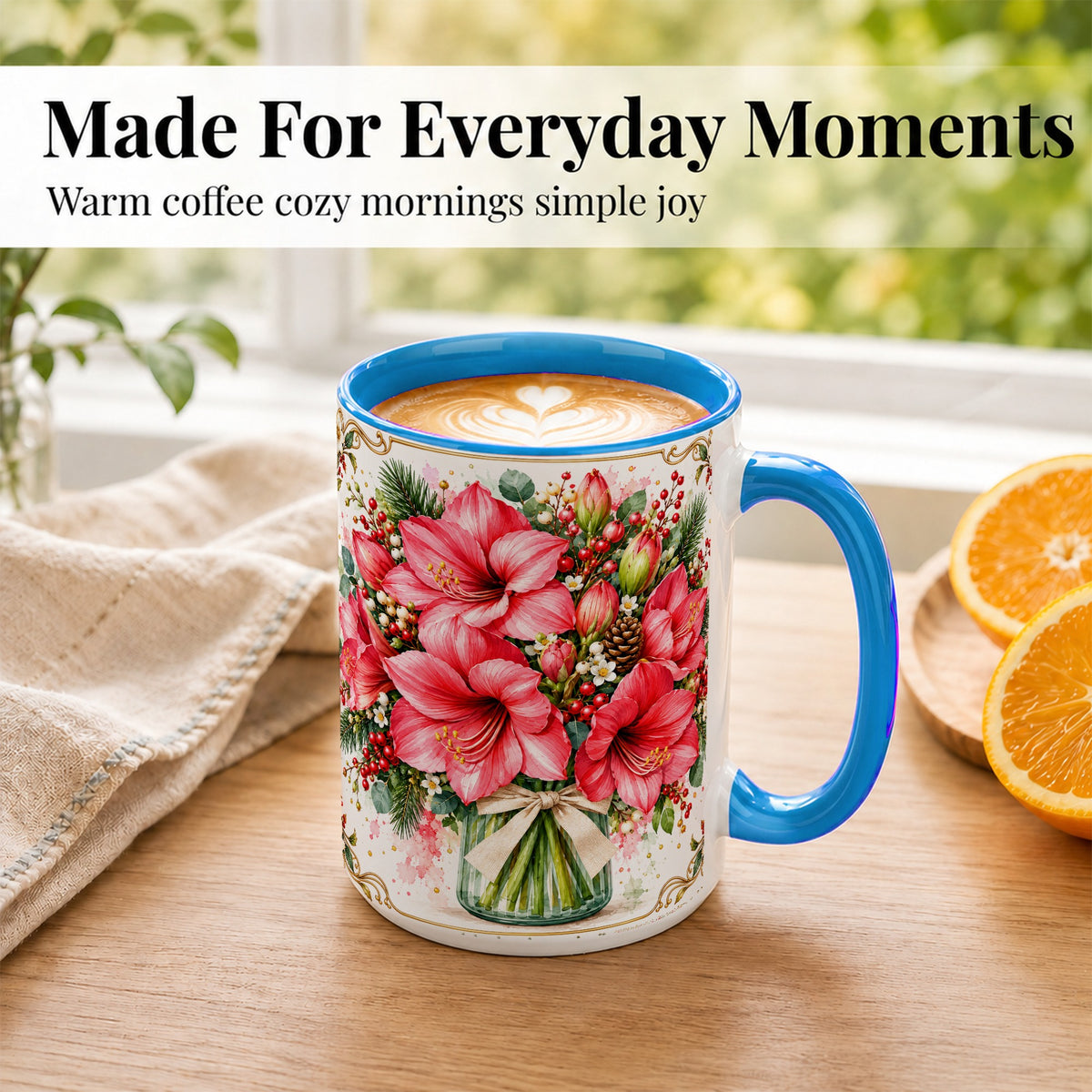 #pl[15oz|Blue] Pink Amaryllis Coffee Mug, Christmas Botanical Mug, Ceramic Cup