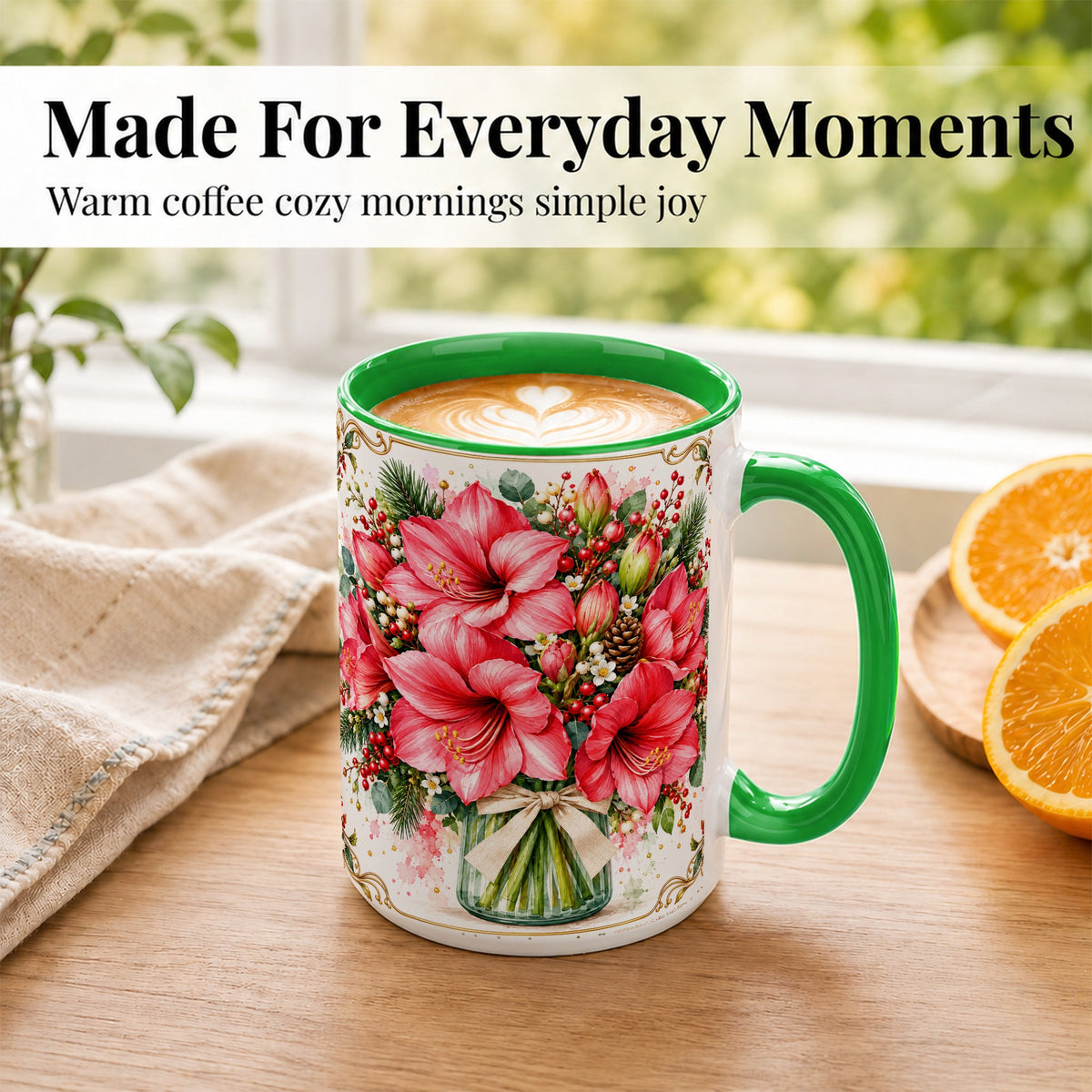 #pl[15oz|Green] Pink Amaryllis Coffee Mug, Christmas Botanical Mug, Ceramic Cup