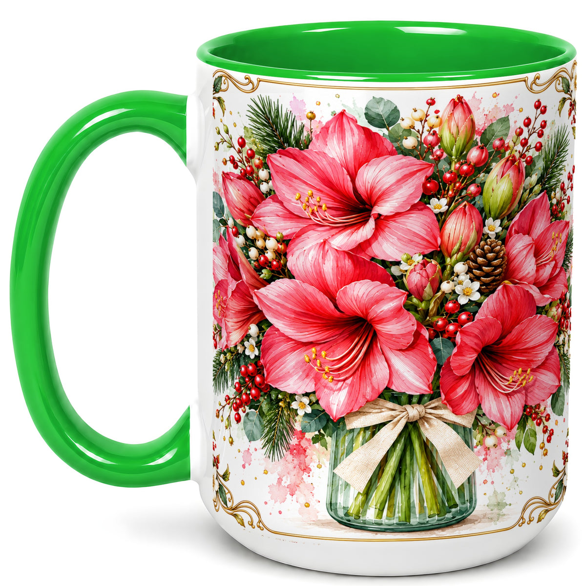 #pl[15oz|Green] Pink Amaryllis Coffee Mug, Christmas Botanical Mug, Ceramic Cup