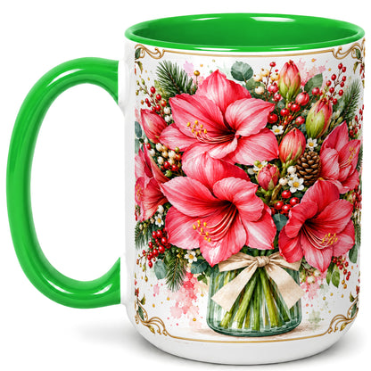 #pl[15oz|Green] Pink Amaryllis Coffee Mug, Christmas Botanical Mug, Ceramic Cup