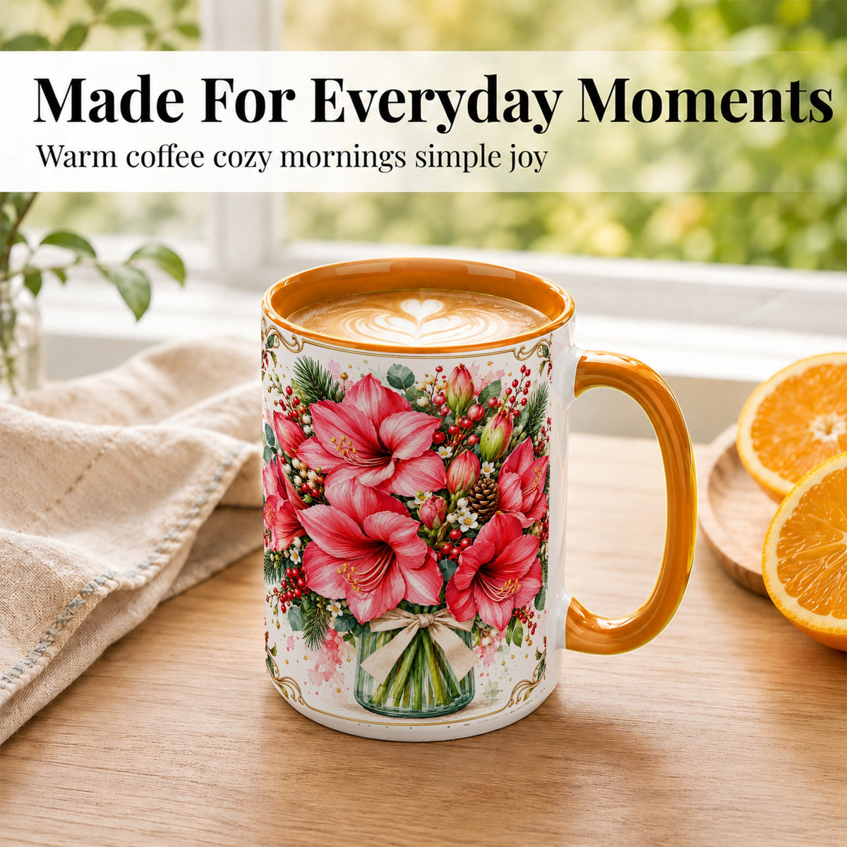 #pl[15oz|Orange] Pink Amaryllis Coffee Mug, Christmas Botanical Mug, Ceramic Cup