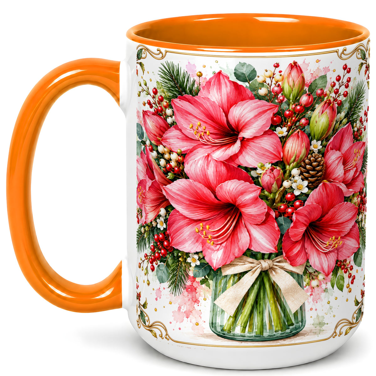 #pl[15oz|Orange] Pink Amaryllis Coffee Mug, Christmas Botanical Mug, Ceramic Cup