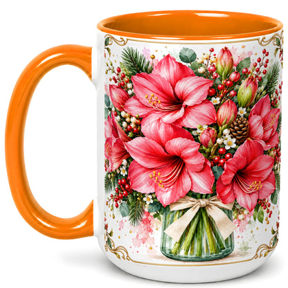 #pl[15oz|Orange] Pink Amaryllis Coffee Mug, Christmas Botanical Mug, Ceramic Cup